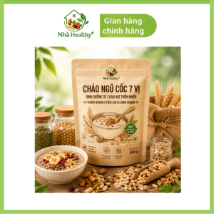 Cháo ngũ cốc 7 vị Nhà Healthy đặt trên bàn gỗ, xung quanh là các loại ngũ cốc, hạt dinh dưỡng và một bát cháo ngũ cốc thơm ngon, giàu dinh dưỡng.