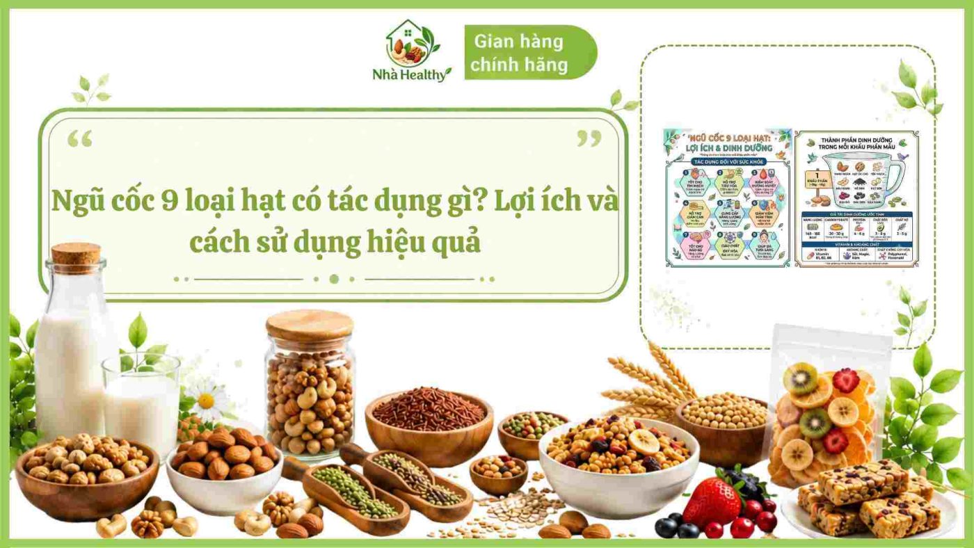 ngũ cốc 9 loại hạt Nhà Healthy với các loại hạt dinh dưỡng, ngũ cốc nguyên hạt và thông tin về lợi ích sức khỏe, cách sử dụng hiệu quả.