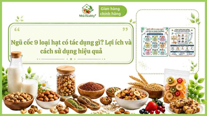ngũ cốc 9 loại hạt Nhà Healthy với các loại hạt dinh dưỡng, ngũ cốc nguyên hạt và thông tin về lợi ích sức khỏe, cách sử dụng hiệu quả.