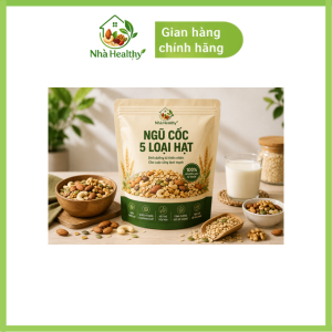 Ngũ cốc 5 loại hạt Nhà Healthy đặt trên bàn gỗ, xung quanh là hạnh nhân, óc chó, hạt điều, yến mạch, hạt bí xanh và ly sữa tươi.