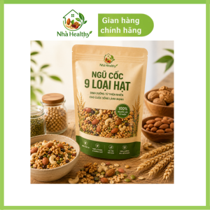 Ngũ cốc 9 loại hạt Nhà Healthy đặt trên bàn gỗ, xung quanh là các loại hạt dinh dưỡng tự nhiên như hạnh nhân, óc chó, đậu xanh, yến mạch và lúa mì.